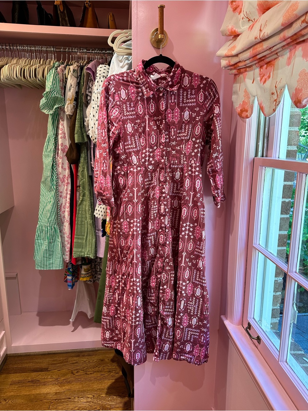 Button-Front Pink Printed Midi Dress